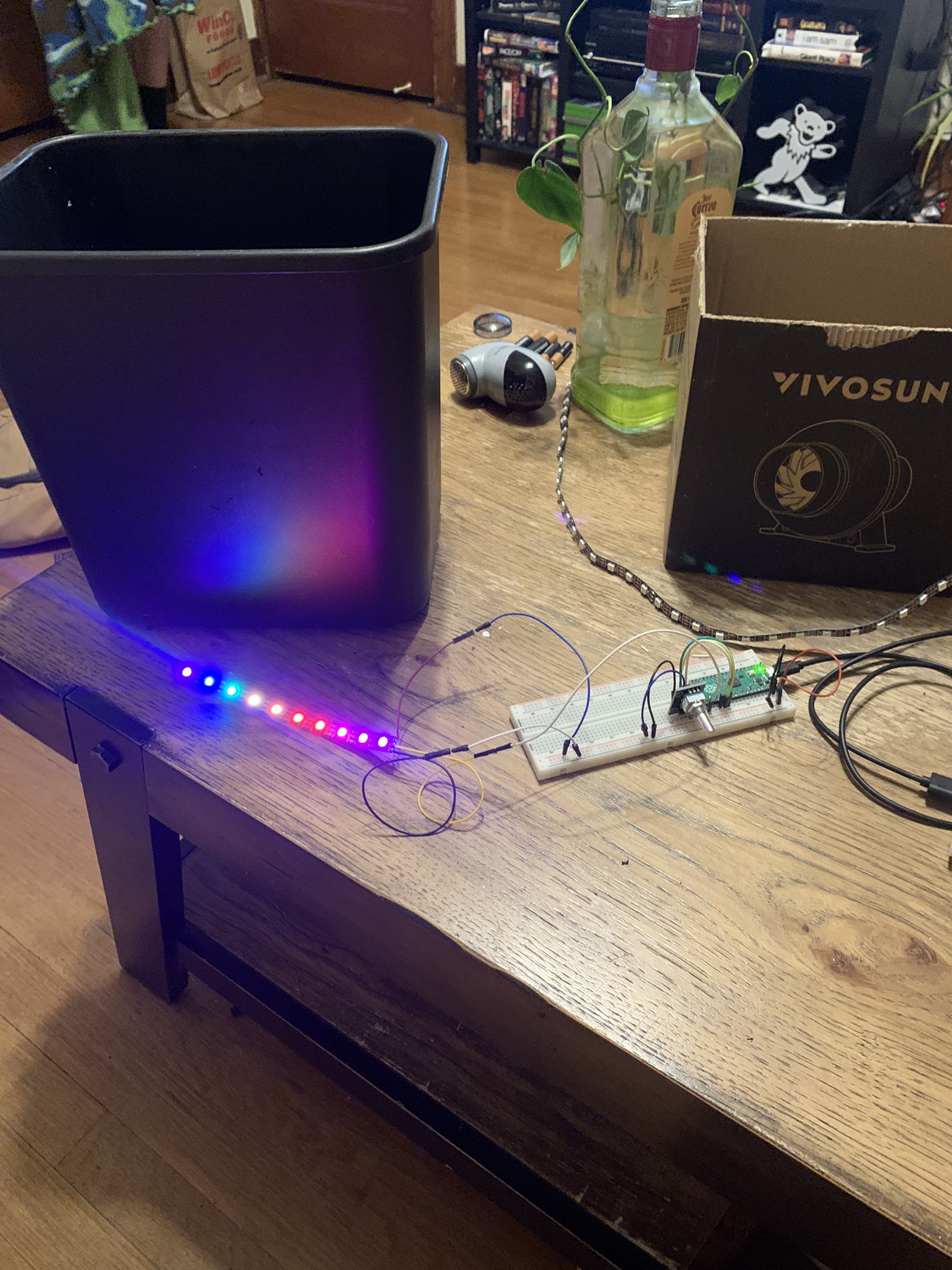 image of the frames inner trough with led strip cut and wires ran over an encoder